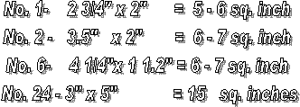 No. 1-    2 3/4" x 2"      =  5 - 6 sq. inch
No. 2 -   3.5"   x 2"       =  6 - 7 sq. inch
No. 6-    4 1/4"x 1 1.2" = 6 - 7 sq. inch
No. 24 - 3" x 5"            = 15   sq. inches
