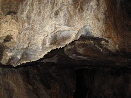 Cave curtain formation on cavern ceiling